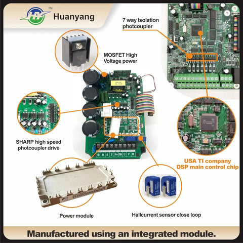 Front view of Huanyang VFD control board with MOSFET power stage and integrated power module