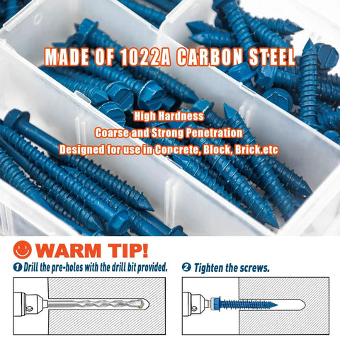 Beefed-Up Concrete Screws Kit With Drill Bits And Driver Bits, 200-Piece Set showing hex head anchors in storage box