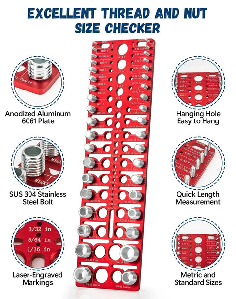 Pro Grade Nut And Bolt Thread Checker Kit For Standard And Metric Threads Identifies Bolt And Nut Sizes With 21 Standard 17 Metric And 19 Drill Gauges Inch And Metric Durable Anodized Aluminum 6061 Plate With SUS 304 Bolt For The Shop
