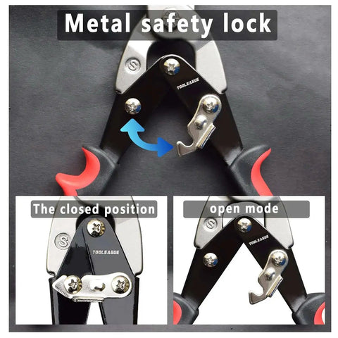 Heavy Duty 12 Inch Aviation Tin Snips With Forged Blade showing metal safety lock feature.