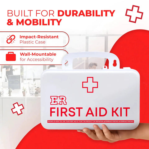 Class B OSHA ANSI Compliant First Aid Kit With 190 Pieces in plastic wall-mount case held in hand, suitable for workplace office home emergency prep