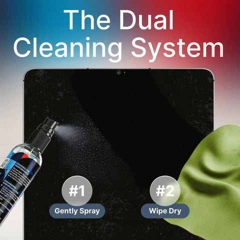 Alcohol Free Glasses Cleaning Kit With 2x 8oz Bottles And 3 Microfiber Cloths showing dual cleaning system on screen