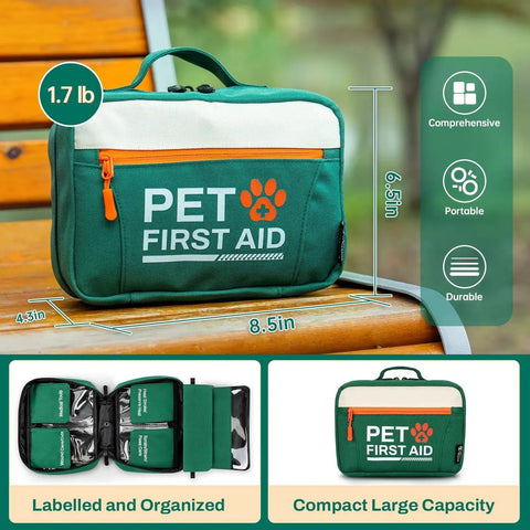 Pet First Aid Kit for Dogs and Cats with Thermometer and Disposable Booties, compact and durable design by Rhino Rescue