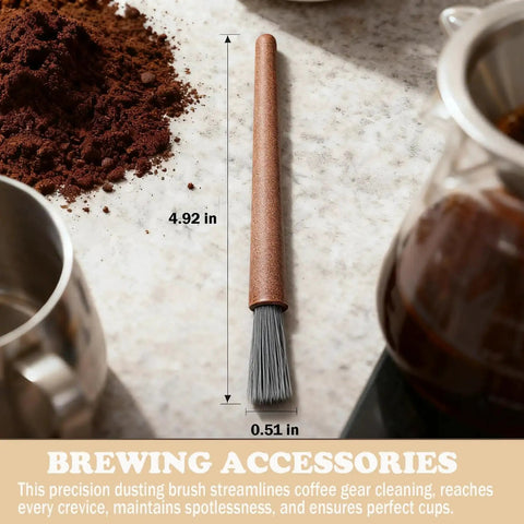 Dual Head Coffee Grinder And Espresso Machine Cleaning Brush on kitchen countertop with precise dusting bristles and size shown