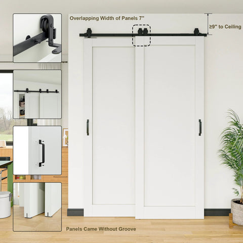 White Primed Solid Core Sliding Barn Doors 40x96 Inch Double Door Set With Bypass Hardware Kit installed in a room.