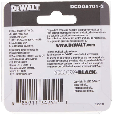DeWalt product packaging back for Heavy Duty One Eighth Inch NPT Grease Gun Coupler, includes contact info and trademark details.