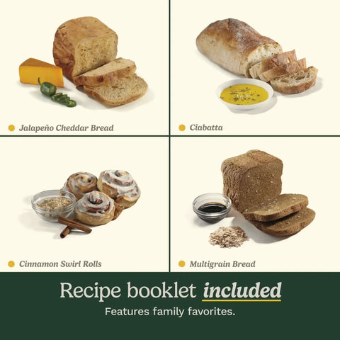 Image showing jalapeño cheddar bread, ciabatta, cinnamon swirl rolls, and multigrain bread with a recipe booklet included.