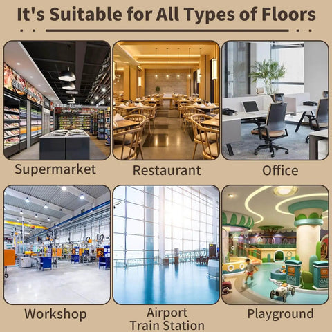 Image showing various floor types where Heavy Duty 17 Inch Floor Polisher Carpet Cleaning Machine can be used: supermarket, restaurant, office, workshop, airport station, playground.