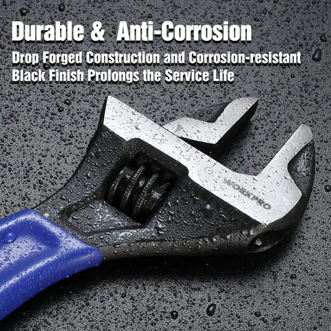 Close-up of a six-inch adjustable wrench with wide jaw for medium bolts M6 to M16, beefy heavy duty CR-V steel, black oxide finish.