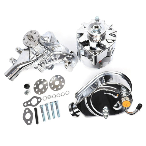 Long Chrome Water Pump, Power Steering Pump, And 130W Chrome Alternator Kit With Brackets And Bolts For Small Block Chevy SBC 283 327