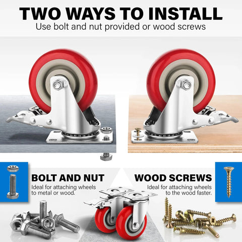 Heavy Duty 4 Inch Caster Wheels Set Of 4 With Brakes 2200 Lbs Load Capacity installation options with bolts and screws