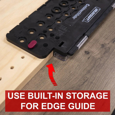 Cabinet Mate Shelf Pin Drilling Jig With One Quarter Inch Self Centering Brad Point Bit Installed on wooden plank
