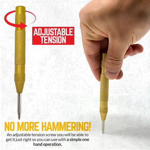 Hand holding Spring Loaded Brass Center Punch Auto 5 Inch with Adjustable Tension, demonstrating one-handed use on metal surface.