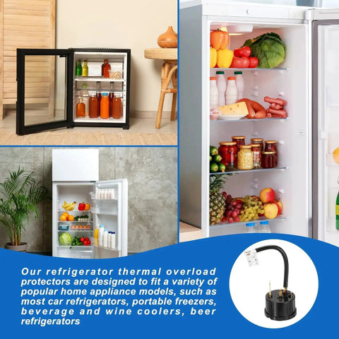 Three Pack Thermal Overload Protector for Refrigerators and Freezers 750W 1HP, shown with open fridge and beverages.