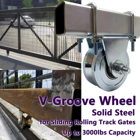 4 Inch Slide Gate Wheel With V Groove Heavy Duty Up To 3000 Lbs Dual Bearing External Mount Bracket installed on gate