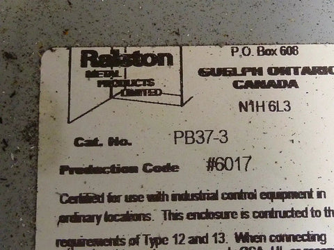 Label on Used PB37-3 Industrial Control Panel Enclosure showing catalog and production codes.