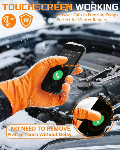 Person wearing 9 Mil Heavy Duty Orange Nitrile Gloves With Raised Diamond Grip Latex Free using touchscreen in snow