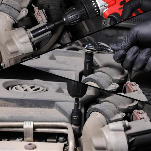 Heavy Duty 23-Piece 1/4 Inch Drive Socket Set with Deep and Shallow 12-Point Impact Sockets in use on car engine