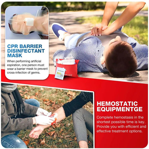 CPR barriers, disinfectant mask, and hemostatic equipment from Compact 107 Piece First Aid Kit For Home Car Travel Hiking Camping And Outdoor Sports