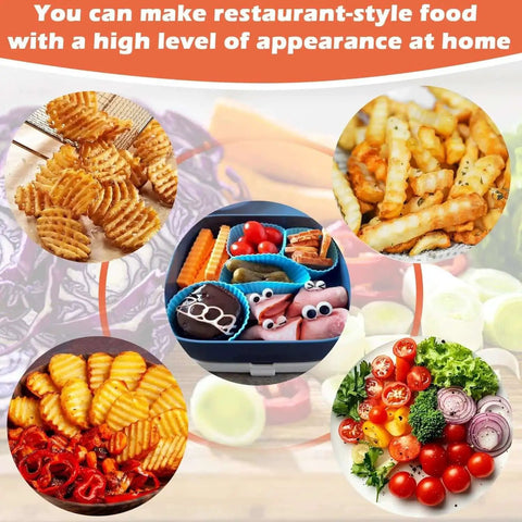 Crinkle Cutter Waffle Fry Cutter Stainless Steel French Fry Slicer For Fries And Veggie Chips Transform Everyday Veggies And Fruits Into Fun Wavy Slices Perfect For Fries Cucumbers And Fruit Salads shown with food examples