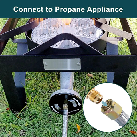 High Flow Propane Regulator With 12ft Braided Hose And Gauge connected to outdoor cooking appliance