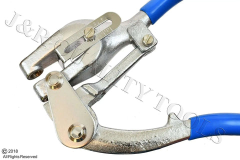 Close-up of Heavy Duty Power Hole Punch Kit with 7 Size Die Set from 3/32 to 9/32 Inches, showing metal and blue handle parts.