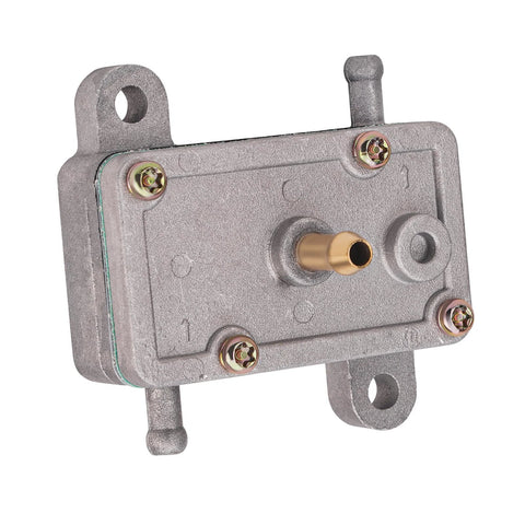 Fuel pump module for ATV and go-kart; rectangular metal housing with brass inlet nozzle and mounting tabs.