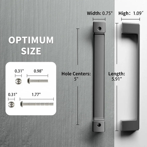 Diagram showing 30 Pack 5 Inch Square Matte Black Cabinet Handles dimensions, with center-to-center spacing of 5 inches.