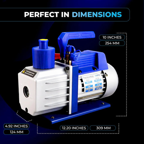 Hiatsu 7 CFM vacuum pump for automotive AC systems, blue and silver unit with handle, 1/2 HP