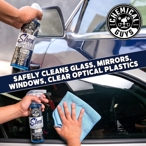 Streak Free Glass And Window Cleaner That Delivers Crystal Clear Windows For Car, Truck, SUV And Home, Mirrors And Navigation Screens, Ammonia Free And Safe On Tinted Glass 473 Ml From Chemical Guys, being used to clean glass.