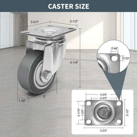 3 Inch Rubber Caster Wheels Set Of 4 With Brakes, Silent Heavy Duty Swivel Plate Casters dimensions and detailed view