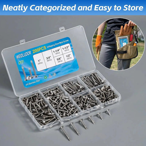 Stainless Steel Workhorse Self Drilling Screws Kit With Number 8 Truss Head Self Tapping Screws For Sheet Metal Auto And Roofing 200 Piece Assortment Includes Half Inch To One And A Half Inch Sizes Durable Corrosion Resistant Fasteners in organized case.