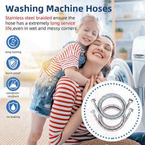 Stainless steel braided washing machine hoses, 4 ft, 3/4 in NPT fittings, red and blue hot and cold lines, 2-pack.