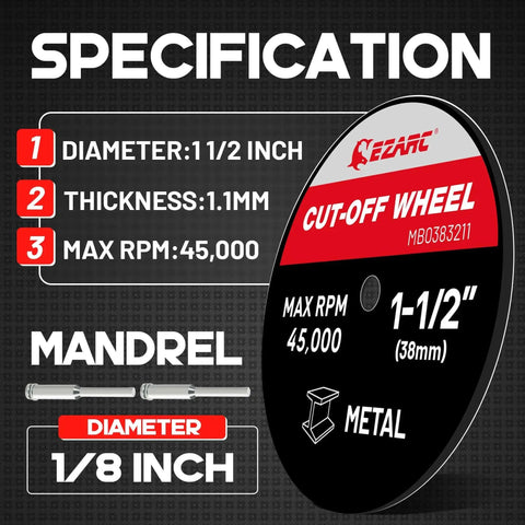 Heavy Duty Fiberglass Reinforced Cut Off Wheels for Rotary Tools 1.5 Inch by 0.125 Inch, showing specifications