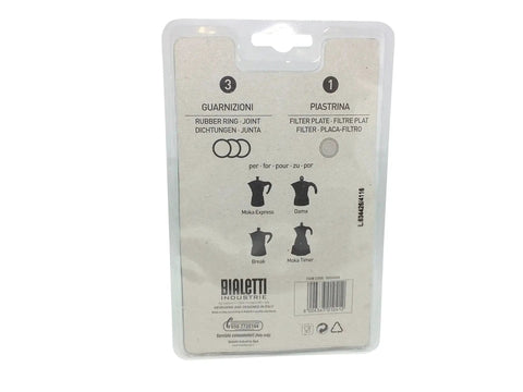Back view of Bialetti Moka Express 6-cup replacement filter kit with 3 gaskets and 1 filter plate.