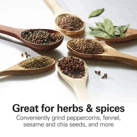 Wooden spoons with mixed spices and herbs, highlighting the Fresh Grind Electric Coffee Grinder For Beans, Spices And More.