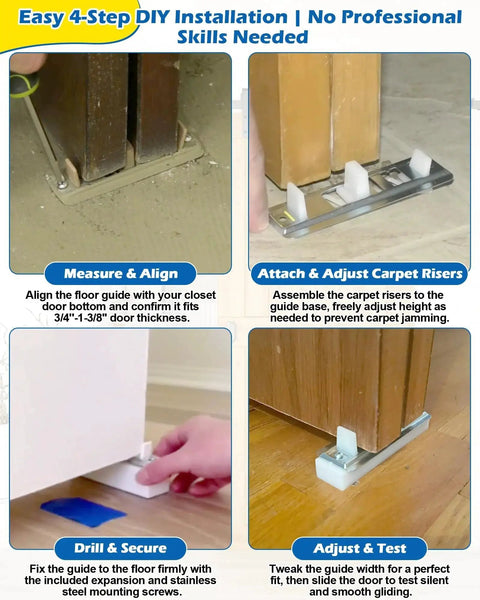 Adjustable Sliding Closet Door Floor Guides With Carpet Risers, 2 Pack, Universal Fit For 3/4 To 1-3/8 Inch Thick Doors, installation steps