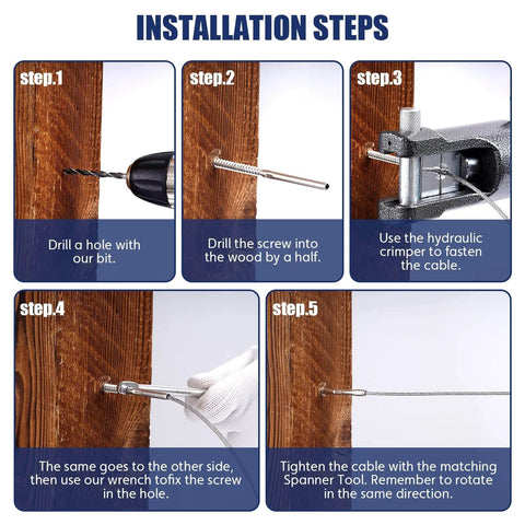 DIY Ready Left And Right Handed Swage Lag Screws In T316 Stainless Steel For Wood Posts, One Eighth Inch Cable Railing Kit, Deck And Stair Railing Hardware, Adjustable Tension For Horizontal Or Vertical Balusters HF014S installation steps