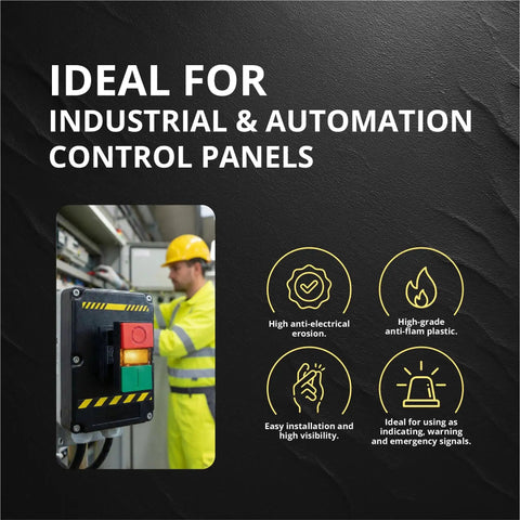 Double Head Push Button With Signal Lamp For On Off Start Stop Control In Industrial Equipment shown in use within a control panel