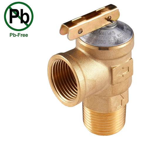Lead-free brass 3/4 in IPS tankless water heater isolator valve with pressure relief valve and lever.