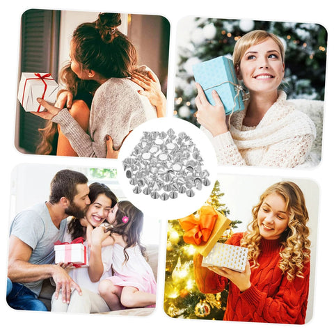 Plastic Cone Spikes For DIY Punk Clothing Rivets Beaded Charms For Jacket surrounded by people exchanging gifts.