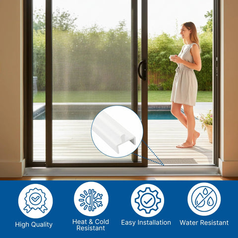 Vinyl Sliding Screen Door Track 72 Inch White Replacement Bottom Rail For Patio Doors Durable Vinyl Channel visibly installed in a door.