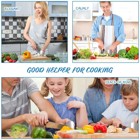 Family using knife safety guard set for cutting in kitchen with knife protectors, thumb guards, finger cots, and crinkle cutter.