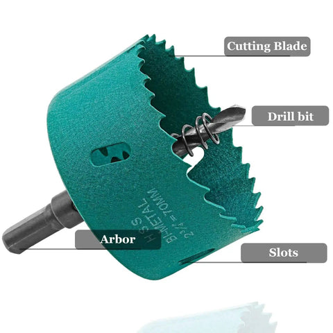 2.75 Inch Hole Saw With Arbor For Smooth As Butter Cuts In Wood Plastic Fiberboard Drywall Cornhole Boards HSS Bi Metal Cutter Kit By Qjaiune 70mm With Center Bits And Allen Wrench, showing cutting blade, drill bit, slots, and arbor.