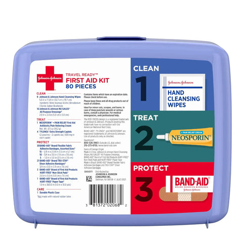 Back view of Travel Ready 80-Piece First Aid Kit for Home Car Travel Camping Essentials with case instructions and logos.