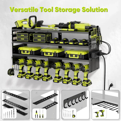 Rugged Power Tool Organizer Wall Mount With Charging Station, heavy-duty metal rack holding drills and batteries in garage.