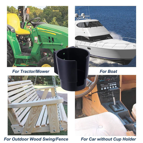 Heavy Duty Cup Holder Wall Mount Pack Of 2 for various vehicles and settings including a boat, tractor, swing, and car without cup holder.