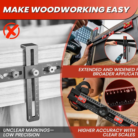 Handy 4 In 1 Drilling Positioning Ruler For Woodworking in use, showing adjustable 13.78 inch T-square with cabinet jig and marking gauge.