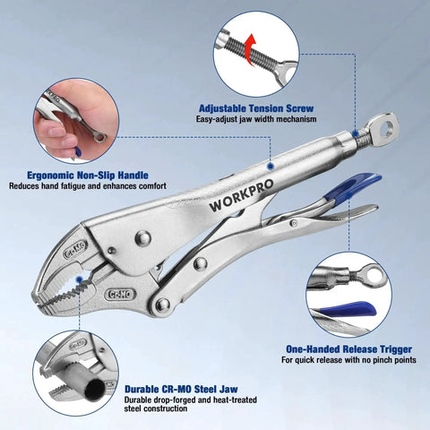 2-Piece Locking Pliers Set With 6.5 Inch Long Nose And 10 Inch Curved Jaw For Boss Grip, CR-MO Steel, features and uses highlighted
