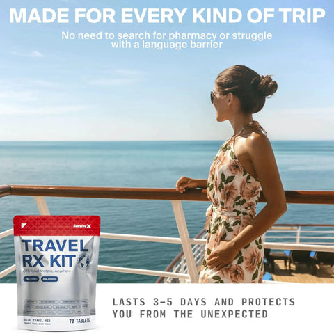 Woman on cruise with On The Go Travel Medicine Kit With TSA Approved Compact Pack For Travel Camping And Cruises on railing.